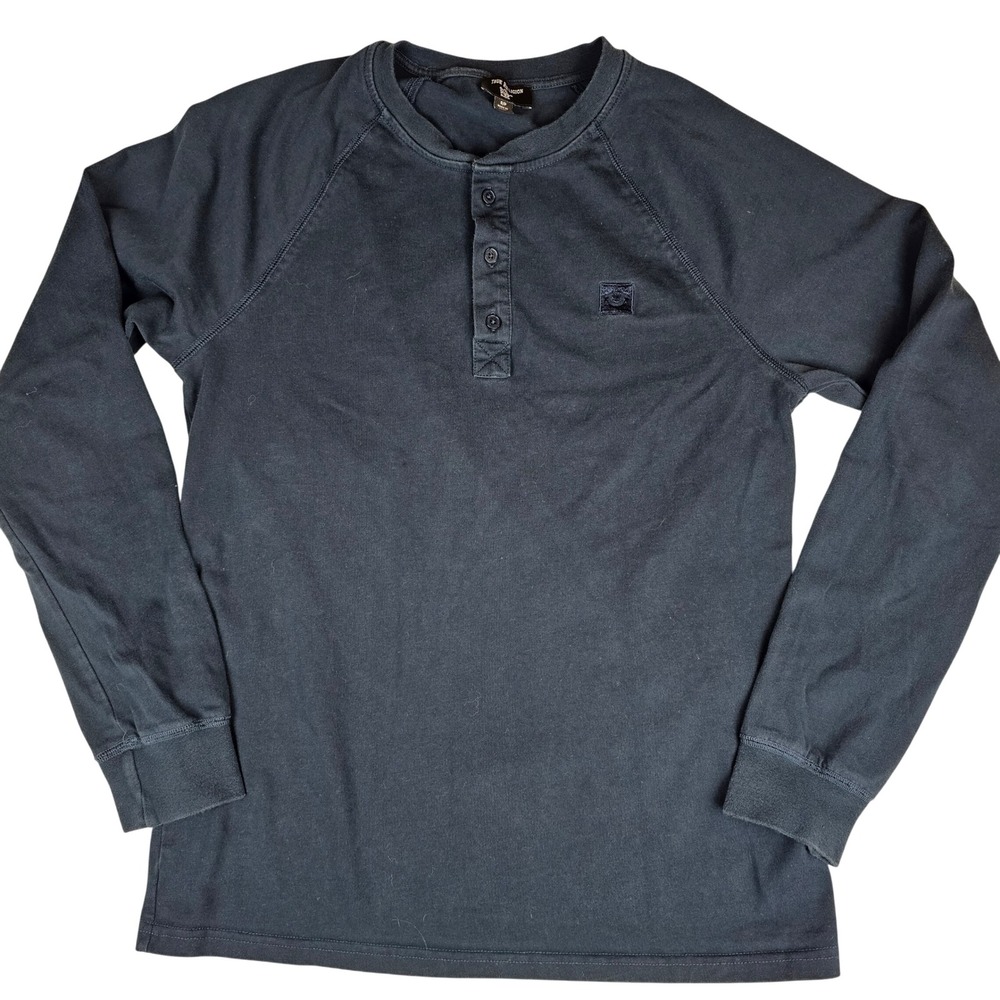 True Religion Men's Long Sleeve Henley Shirt Black Raglan Logo Size Small